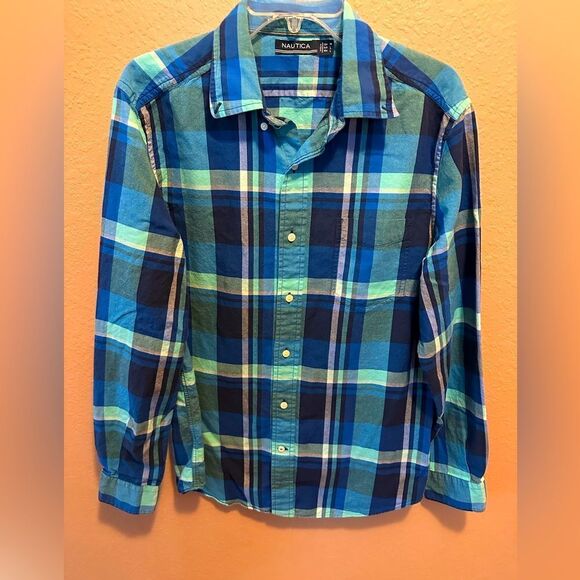 Nautica blue plaid button down shirt - Picture 1 of 7